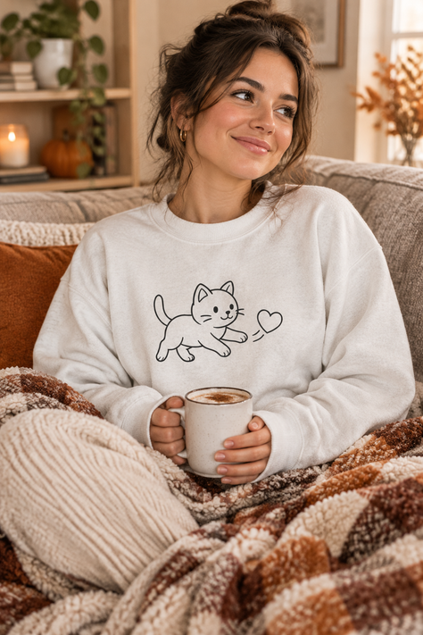 Cat Heart Crewneck Sweatshirt worn by a young woman sitting on a couch with a cocoa