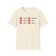 A beige  tee that  has  two rows of hearts with equal signs. in a row next to the = signs are the words 