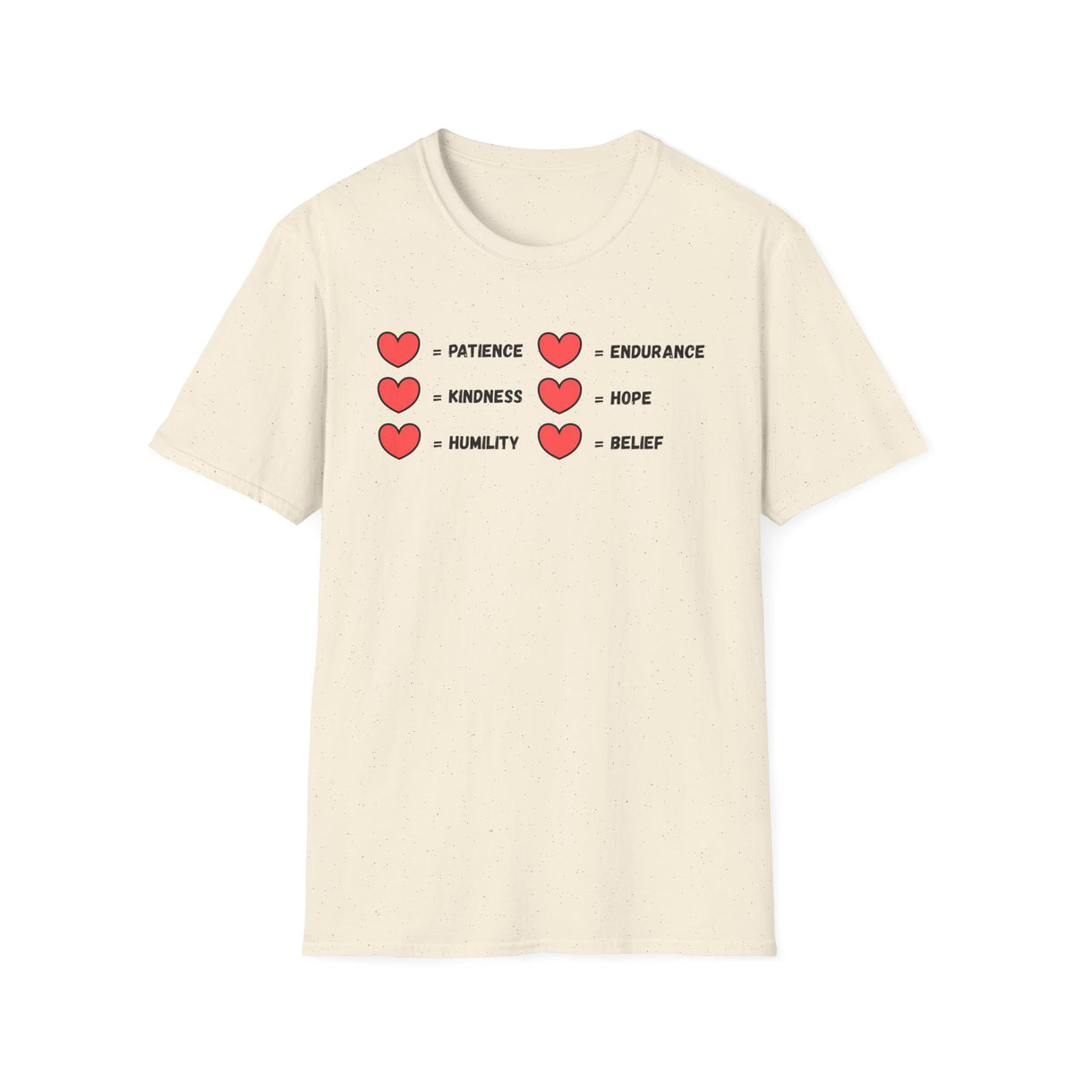 A beige  tee that  has  two rows of hearts with equal signs. in a row next to the = signs are the words 