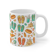 Beach Pattern Coffee Mug — Flip Flops, Sandcastles & Summer Vibes 11oz