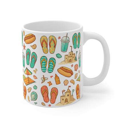 Beach Pattern Coffee Mug — Flip Flops, Sandcastles & Summer Vibes 11oz