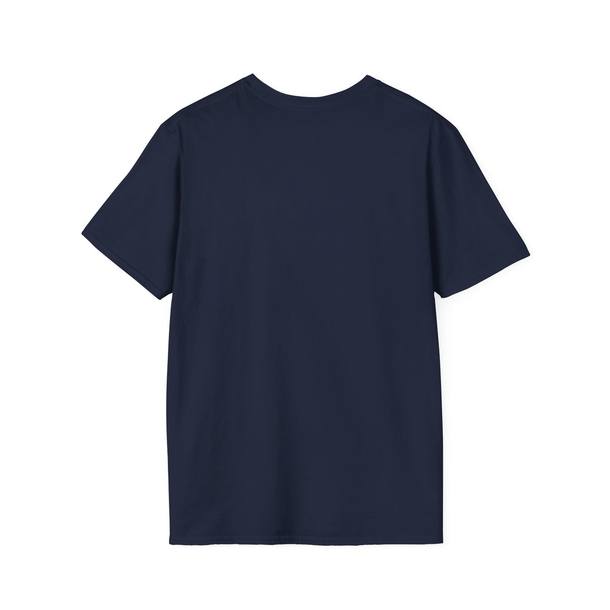 A plain navy blue short-sleeve crewneck t-shirt shown from the back, laid flat against a solid white background.