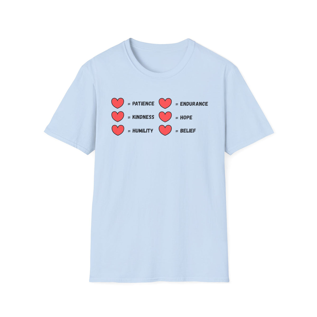 A light blue tee that has a two rows of hearts with equal signs. in a row next to the = signs are the words 
