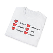 the design up close showing hearts equal signs and words