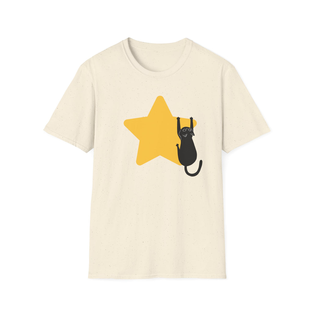 An off-white short-sleeve crewneck t-shirt featuring a graphic of a black cat climbing up a large yellow star on the front.