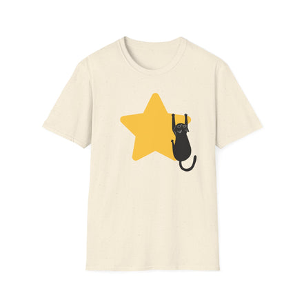 An off-white short-sleeve crewneck t-shirt featuring a graphic of a black cat climbing up a large yellow star on the front.