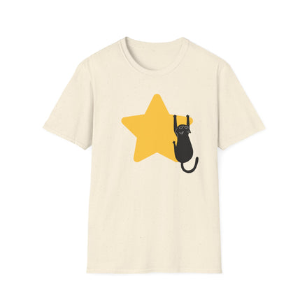 An off-white short-sleeve crewneck t-shirt featuring a graphic of a black cat climbing up a large yellow star on the front.