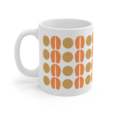 Retro Dot Pattern Coffee Mug — Mid-Century Orange & Tan 11oz Ceramic