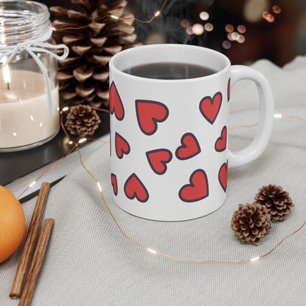 Red Heart Pattern Mug — Cute Valentine Coffee Cup (11 oz)