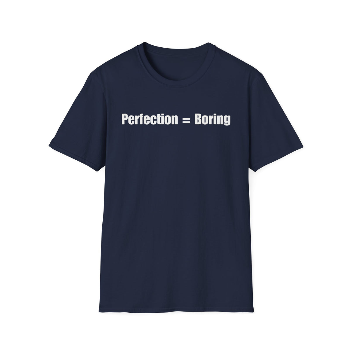 A black short-sleeve crewneck t-shirt with a white graphic on the chest that reads 'perfection = boring', shown on a plain white background.