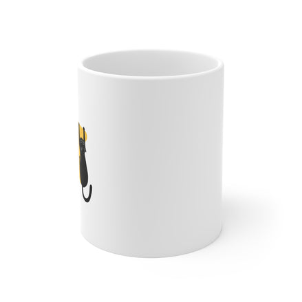 11oz Mug — Cute Black Cat Hanging on Gold Star Coffee Cup