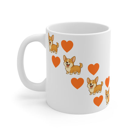 A white ceramic mug with a repeating pattern of cartoon Pembroke Welsh Corgi dogs and orange hearts, shown on a clean white background.