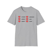 A light gray short-sleeve crewneck t-shirt with a graphic on the chest. The graphic features six red hearts arranged in two columns of three, with black text underneath each heart reading 'PATIENCE', 'ENDURANCE', 'KINDNESS', 'HOPE', 'HUMILITY', and 'BELIEF'.