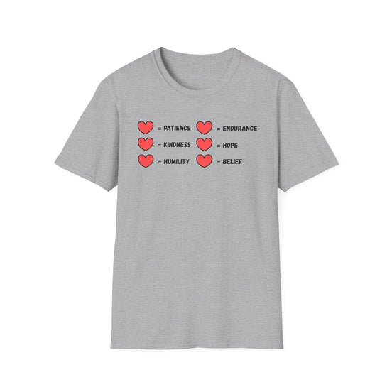 A light gray short-sleeve crewneck t-shirt with a graphic on the chest. The graphic features six red hearts arranged in two columns of three, with black text underneath each heart reading 'PATIENCE', 'ENDURANCE', 'KINDNESS', 'HOPE', 'HUMILITY', and 'BELIEF'.