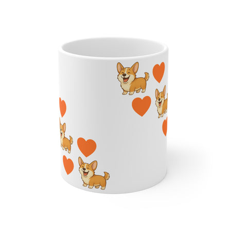 A white ceramic mug featuring a repeating pattern of cartoon Corgi dogs and orange hearts, shown on a clean white background.