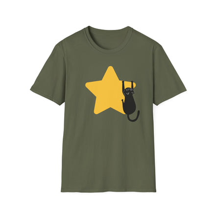 An olive green short-sleeve crewneck t-shirt featuring a graphic of a black cat climbing a large yellow star on the front, displayed against a solid white background.