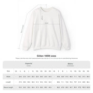 White sweatshirt with measurement chart on a white background