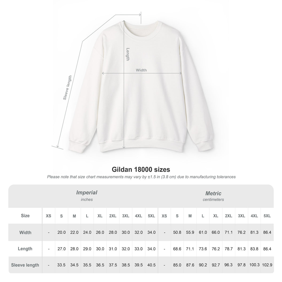 White sweatshirt with measurement chart on a white background