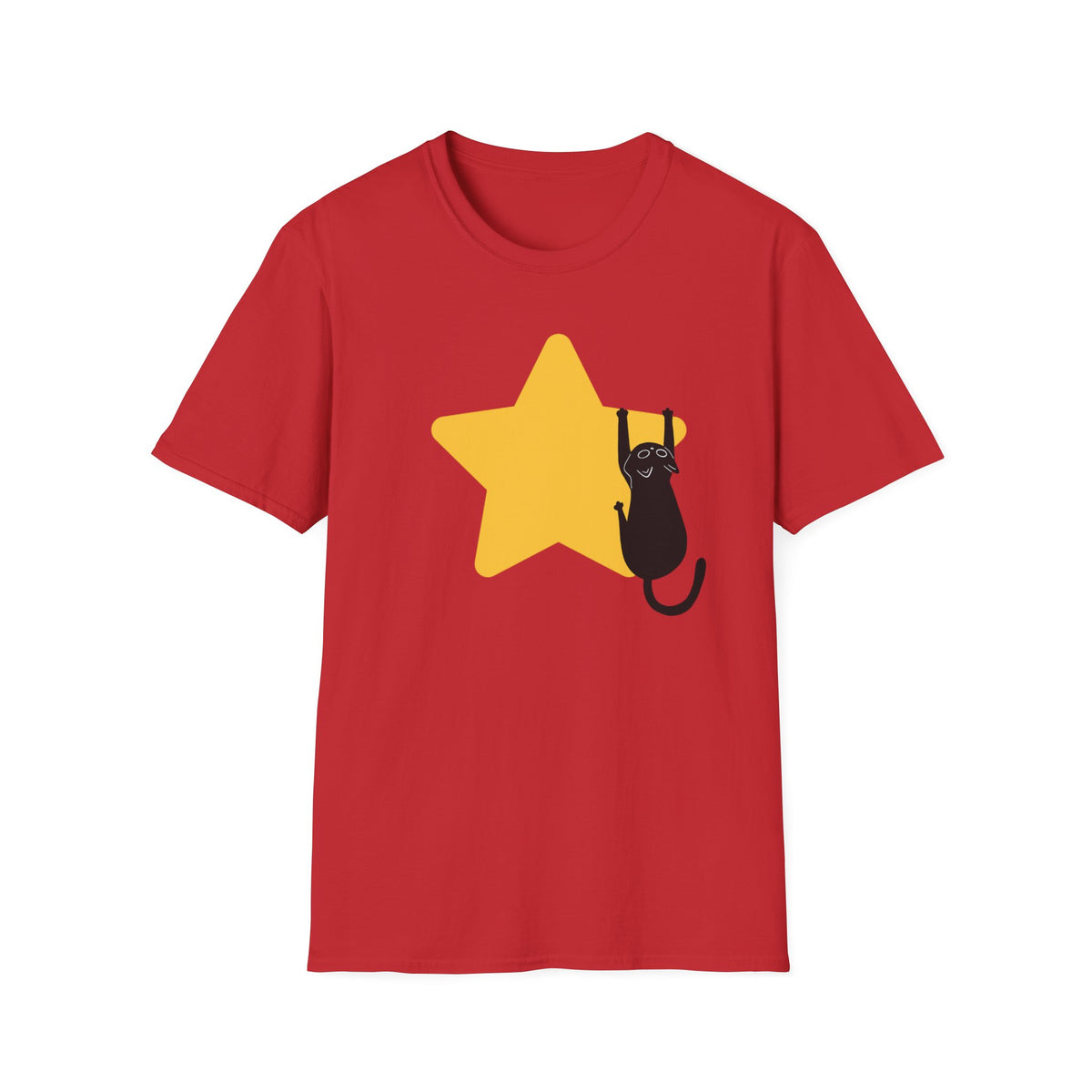 A red short-sleeve crewneck t-shirt featuring a graphic of a black cat climbing a yellow star on the front, displayed against a solid white background.