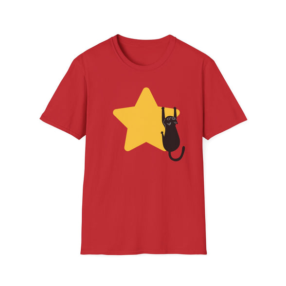 A red short-sleeve crewneck t-shirt featuring a graphic of a black cat climbing a yellow star on the front, displayed against a solid white background.