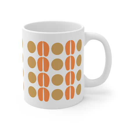 Retro Dot Pattern Coffee Mug — Mid-Century Orange & Tan 11oz Ceramic