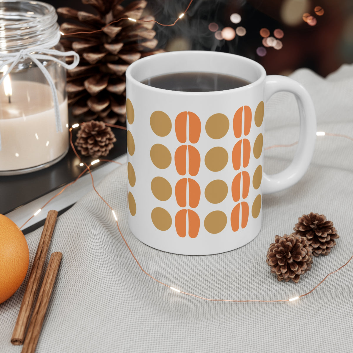 Retro Dot Pattern Coffee Mug — Mid-Century Orange & Tan 11oz Ceramic