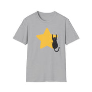 A heather gray short-sleeve crewneck t-shirt featuring a graphic of a black cat climbing a yellow star on the front, displayed against a solid white background.
