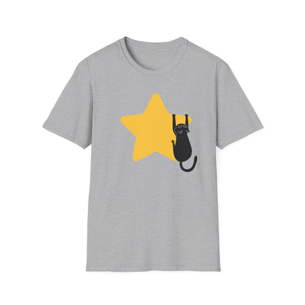 A heather gray short-sleeve crewneck t-shirt featuring a graphic of a black cat climbing a yellow star on the front, displayed against a solid white background.