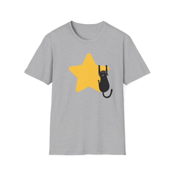 A heather gray short-sleeve crewneck t-shirt featuring a graphic of a black cat climbing a yellow star on the front, displayed against a solid white background.