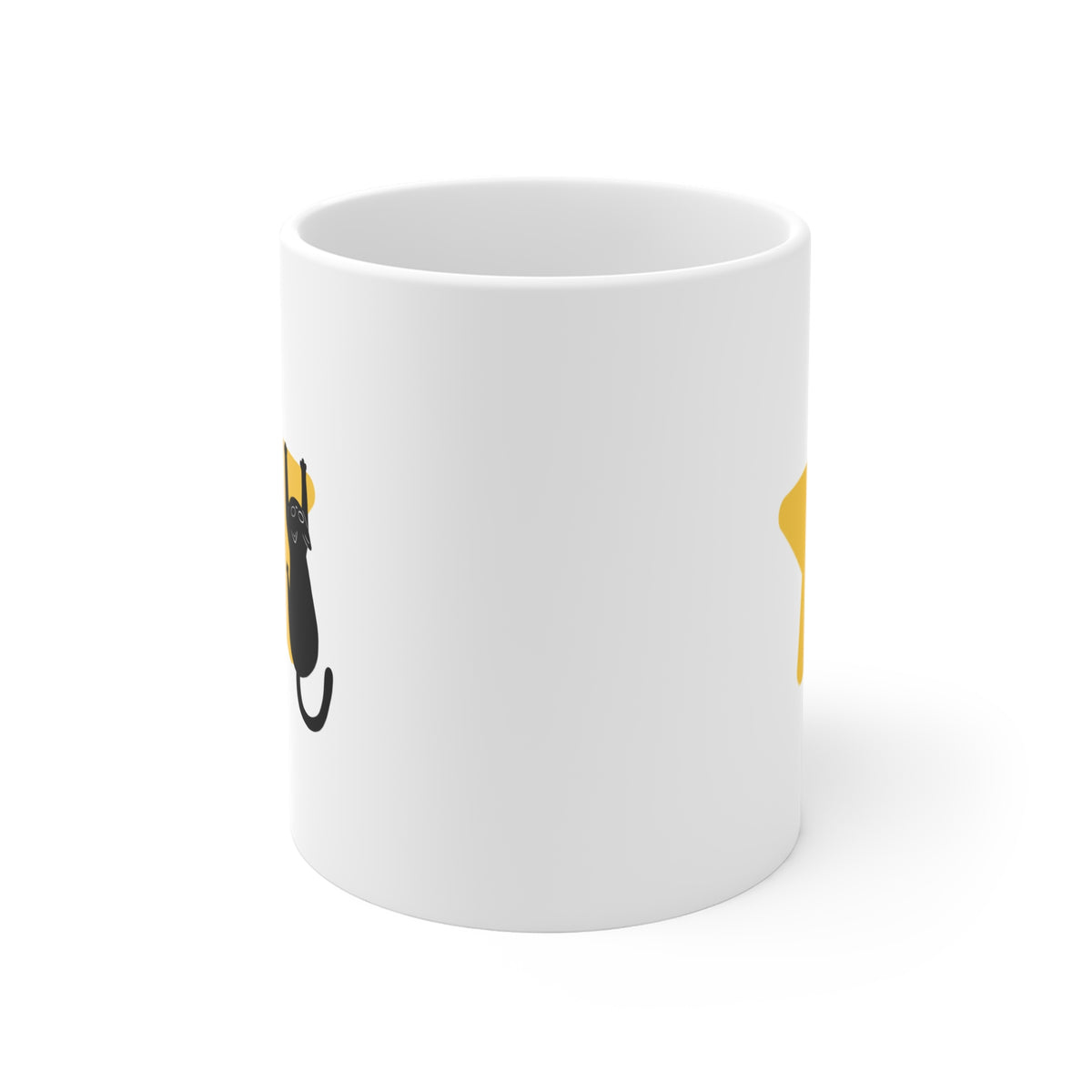 A white ceramic mug with a minimalist graphic print of a black cat climing a yellow star shown from a side angle on a white background.
