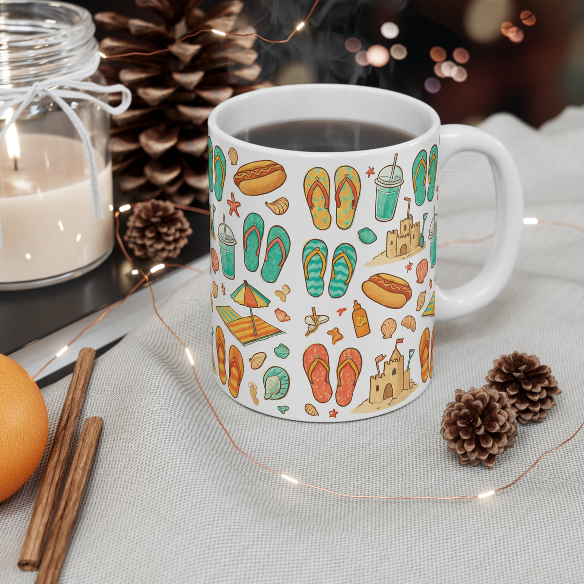 Beach Pattern Coffee Mug — Flip Flops, Sandcastles & Summer Vibes 11oz