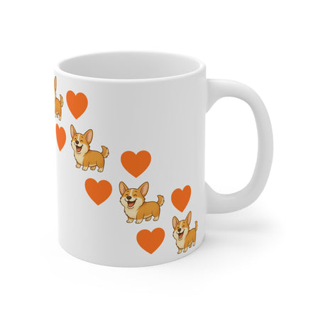 A white ceramic mug with a repeating pattern of cartoon Pembroke Welsh Corgi dogs and orange hearts, shown on a clean white background.