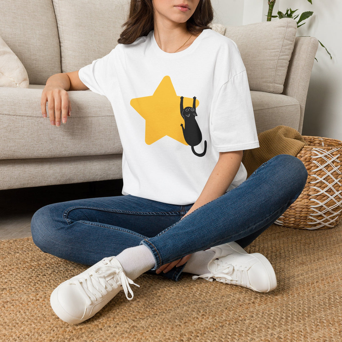 Cat Reaching for Star T-Shirt — Cute Black Cat Graphic Tee