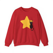A red crewneck sweatshirt featuring a graphic of a black cat climbing a yellow star on the front, displayed against a solid white background.