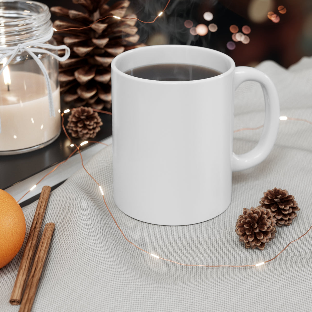11oz Mug — Cute Black Cat Hanging on Gold Star Coffee Cup
