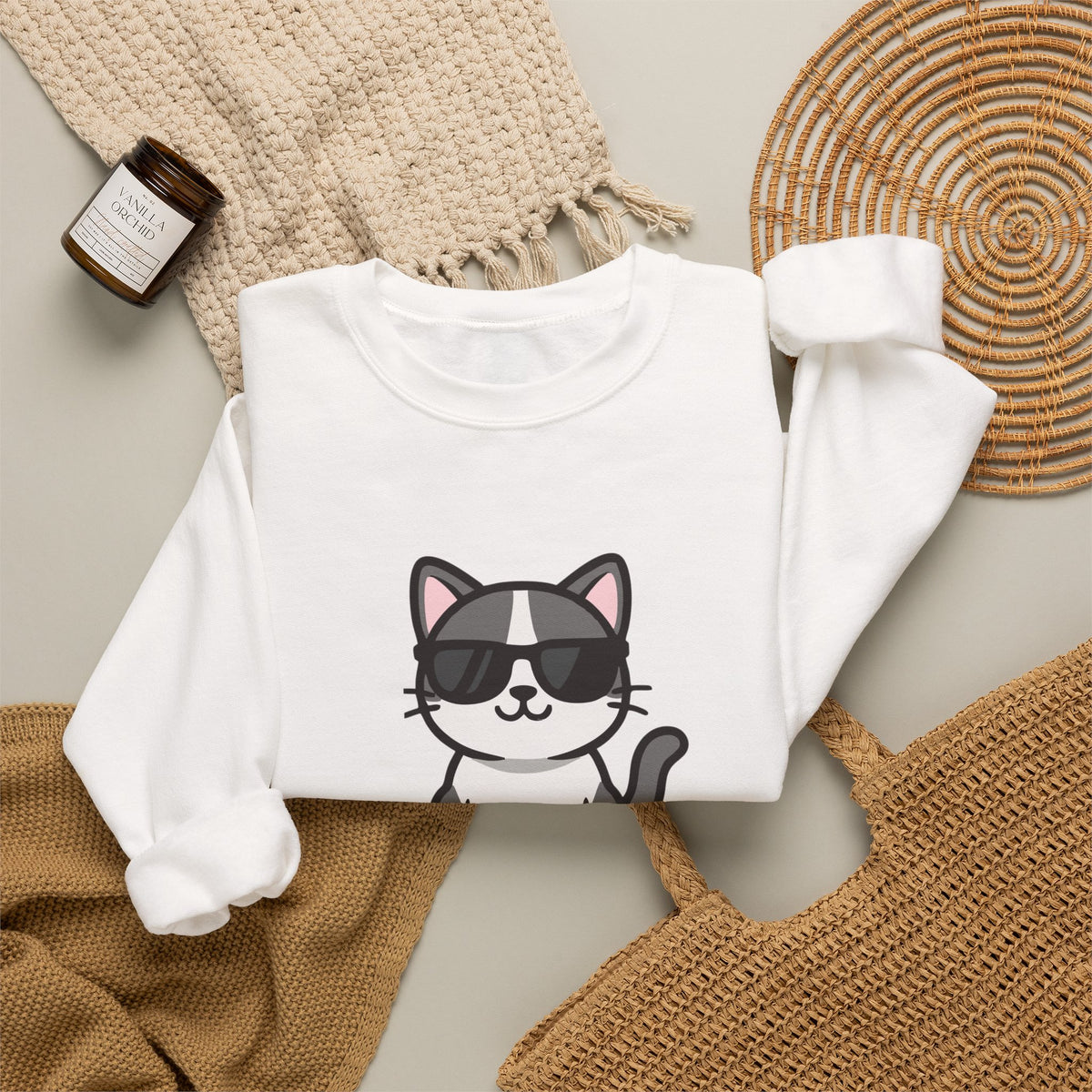 Cool Cat Crewneck Sweatshirt — Cute Sunglasses Cat Graphic