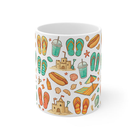Beach Pattern Coffee Mug — Flip Flops, Sandcastles & Summer Vibes 11oz