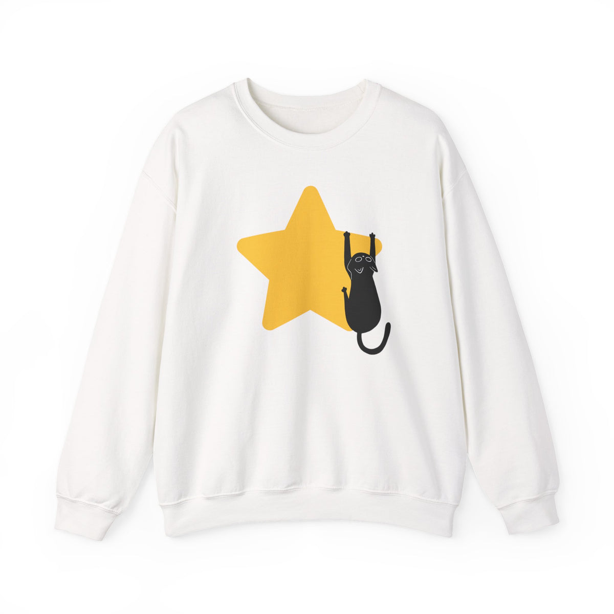 An off-white crewneck sweatshirt featuring a graphic print of a black cat climbing a large yellow star on the front.
