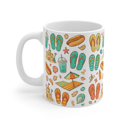 Beach Pattern Coffee Mug — Flip Flops, Sandcastles & Summer Vibes 11oz