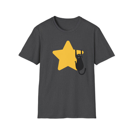 A dark gray short-sleeve crewneck t-shirt featuring a graphic of a yellow star with a black cat climbing it, displayed on a solid white background.