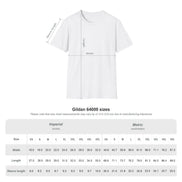 White short-sleeve T-shirt shown with measurement lines indicating length and width, plus a size chart below labeled Gildan 64000 sizes with imperial and metric measurements.
