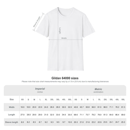 White short-sleeve T-shirt shown with measurement lines indicating length and width, plus a size chart below labeled Gildan 64000 sizes with imperial and metric measurements.