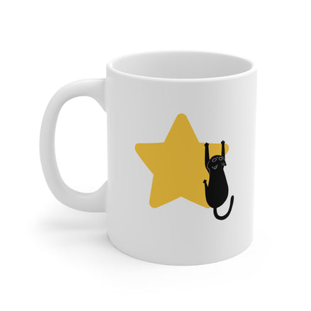 11oz Mug — Cute Black Cat Hanging on Gold Star Coffee Cup