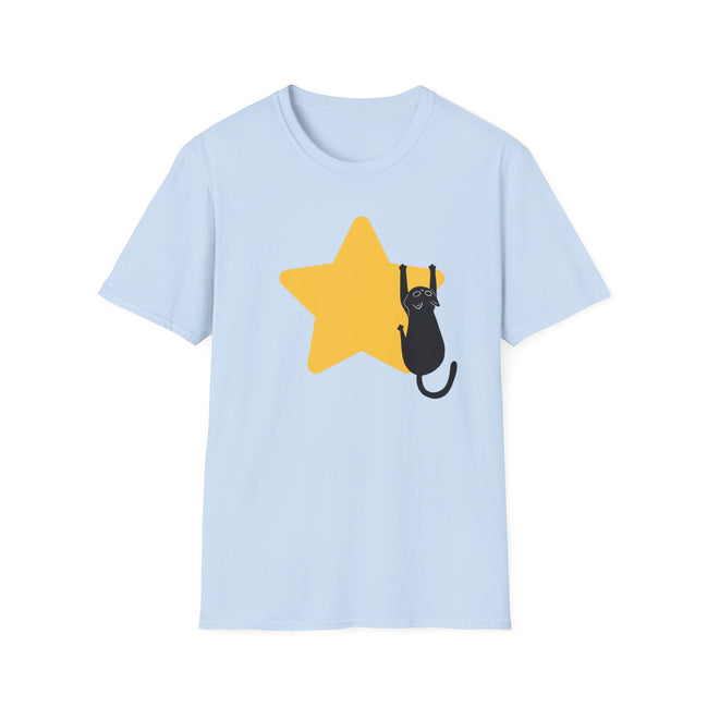 A light blue short-sleeve crewneck t-shirt featuring a graphic of a black cat climbing a yellow star on the front, displayed against a solid white background.
