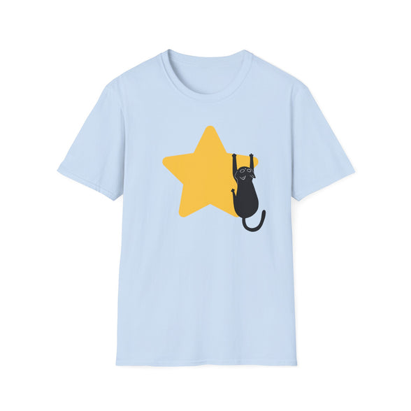 A light blue short-sleeve crewneck t-shirt featuring a graphic of a black cat climbing a yellow star on the front, displayed against a solid white background.