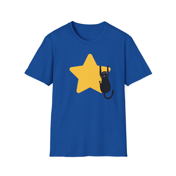 A royal blue short-sleeve crewneck t-shirt featuring a graphic of a yellow star with a black cat climbing it, displayed on a solid white background.
