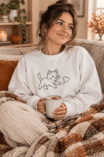Cat Heart Crewneck Sweatshirt worn by a young woman sitting on a couch with a cocoa