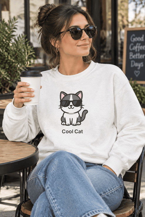 Cool Cat Crewneck Sweatshirt lifestyle photo of a woman with coffee