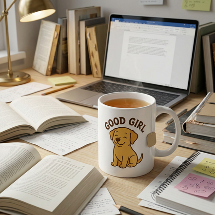 Good Girl mug on a messy desk with books and a laptop