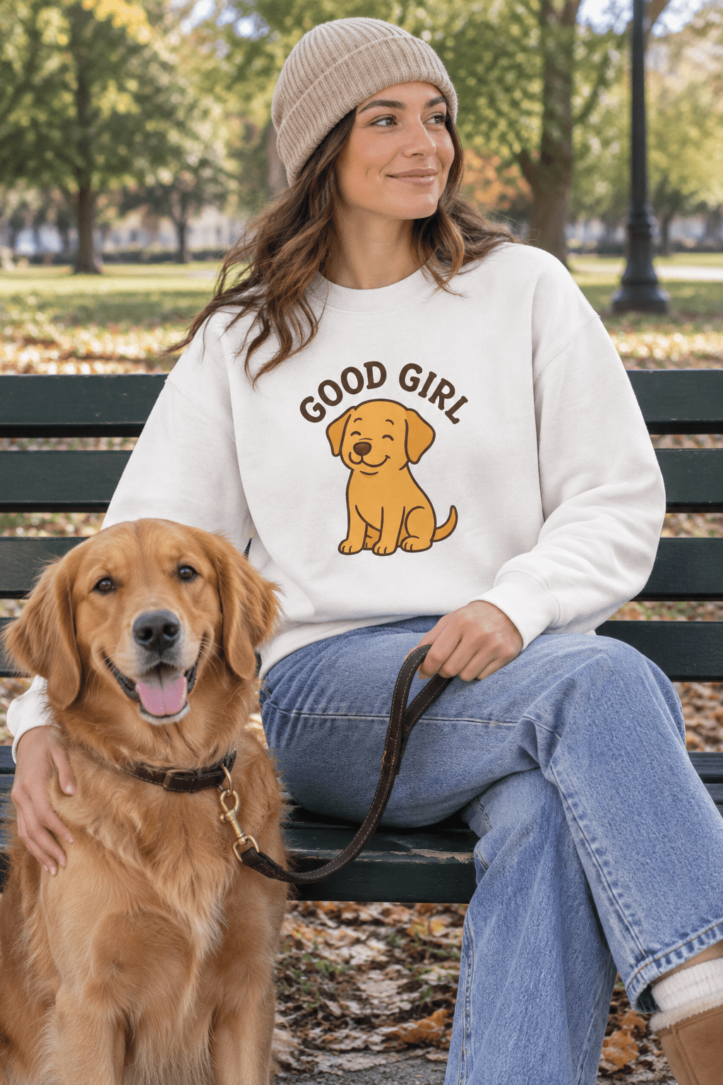 Good Girl Puppy Sweatshirt worn by young woman sitting beside a dog